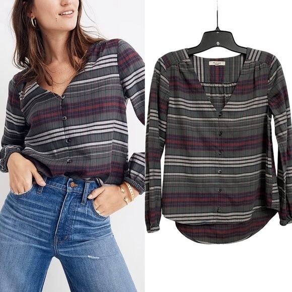 Madewell Tops - Madewell V-Neck Button-Down Shirt Sz XS Green White Plaid Cotton Neutral Earthy